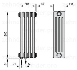 Схема (чертеж) Радиатор Zehnder Charleston 4120/4 №3370 Белый глянцевый RAL 9016